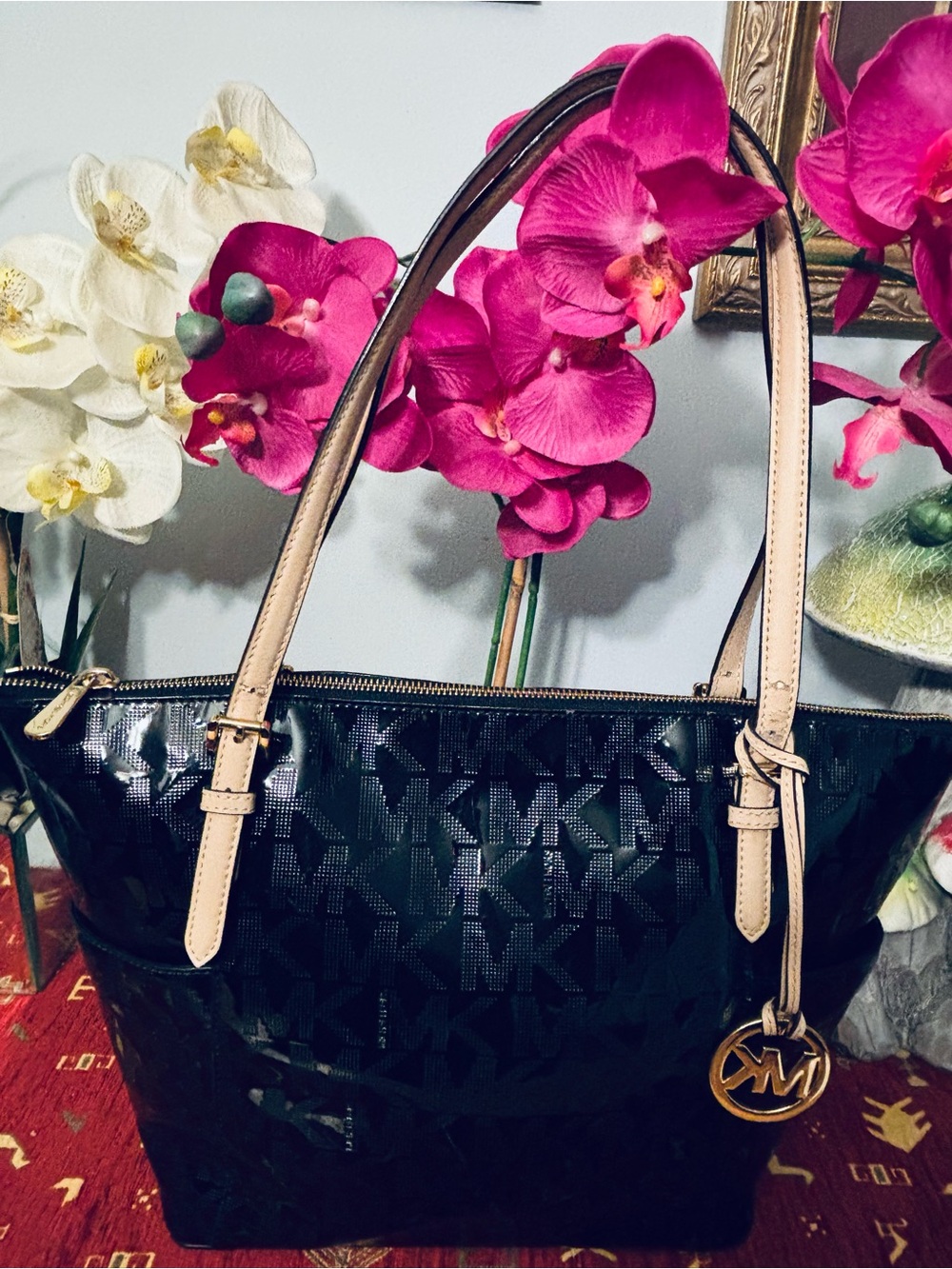 Michael Kors Black Patent Tote with Beige Straps and Gold Charm